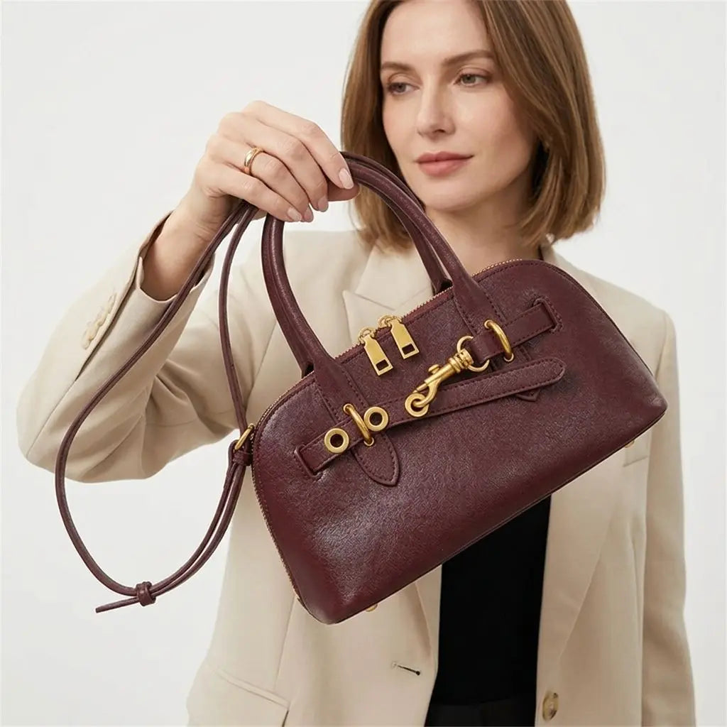 3285 Premium Arched Shell Shape Cowhide Genuine Leather Office Business Professional Elegant High Quality Leather Handbag