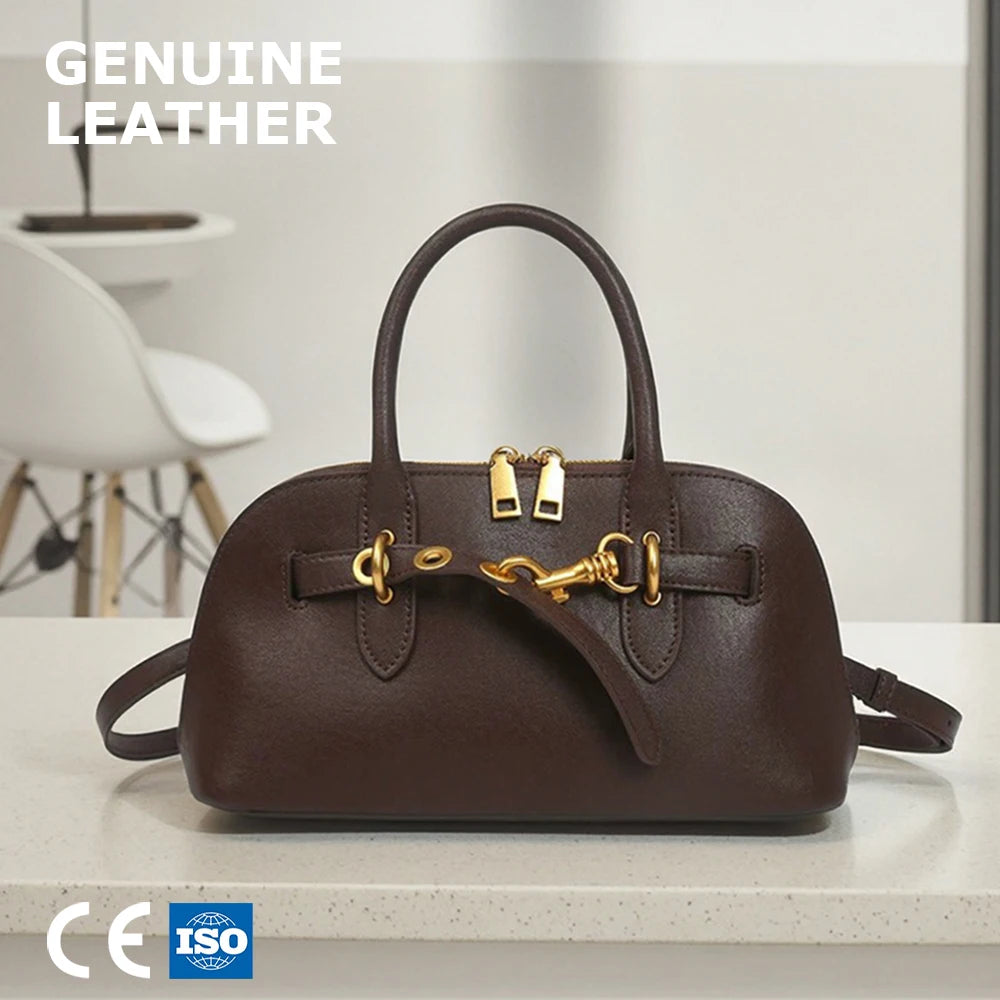 3285 Premium Arched Shell Shape Cowhide Genuine Leather Office Business Professional Elegant High Quality Leather Handbag