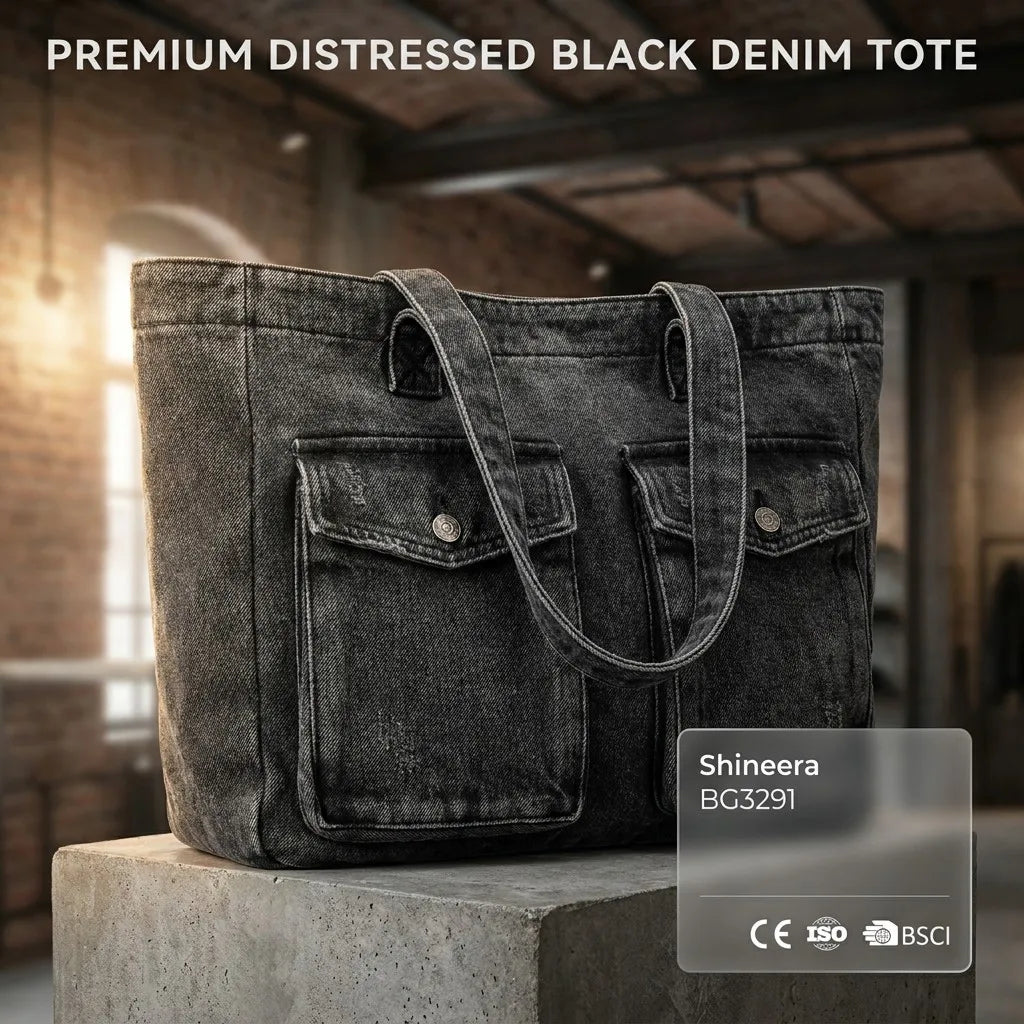 3291 Designer Womens Washed Black Denim Tote Bag Large Capacity Multi Pocket Casual Shoulder Handbag Travel Shopping Purse