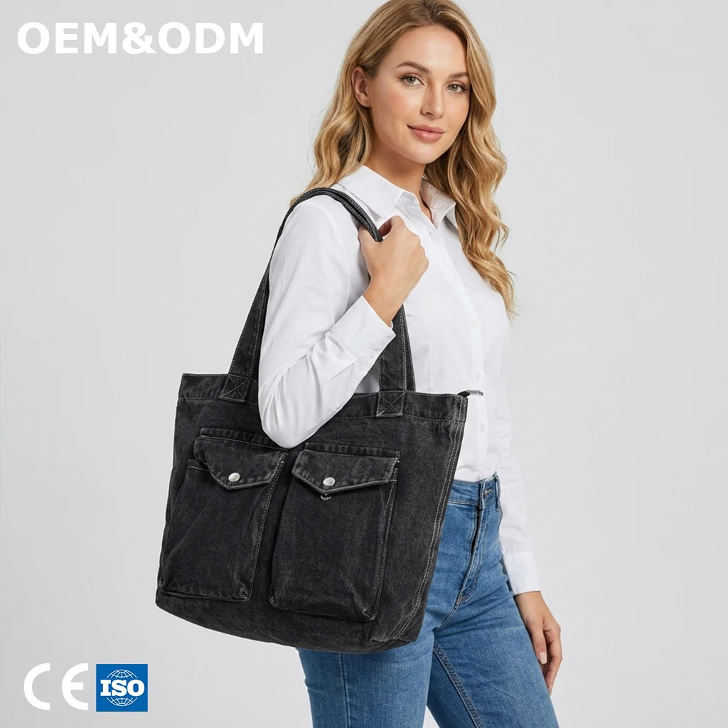 3291 Designer Womens Washed Black Denim Tote Bag Large Capacity Multi Pocket Casual Shoulder Handbag Travel Shopping Purse