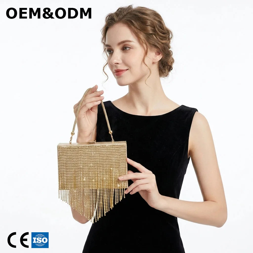 3303 F Luxury Gold Rhinestone Evening Bag Crystal Fringe Clutch Purse for Wedding Party Prom Custom Logo