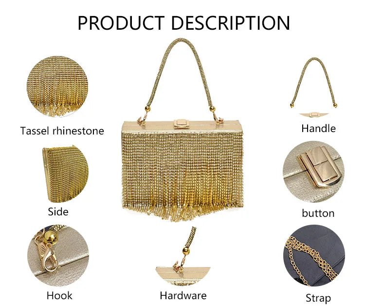 3303 F Luxury Gold Rhinestone Evening Bag Crystal Fringe Clutch Purse for Wedding Party Prom Custom Logo