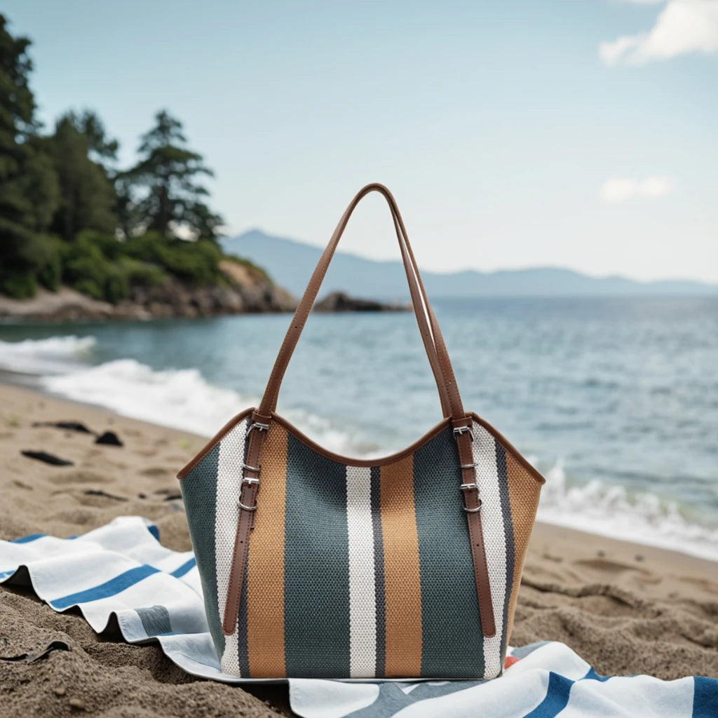 3306 Casual Women's All-Match Striped Canvas Handbag Large Capacity Lightweight Tote Bag Zip Fashionable Shoulder Bag Polyester