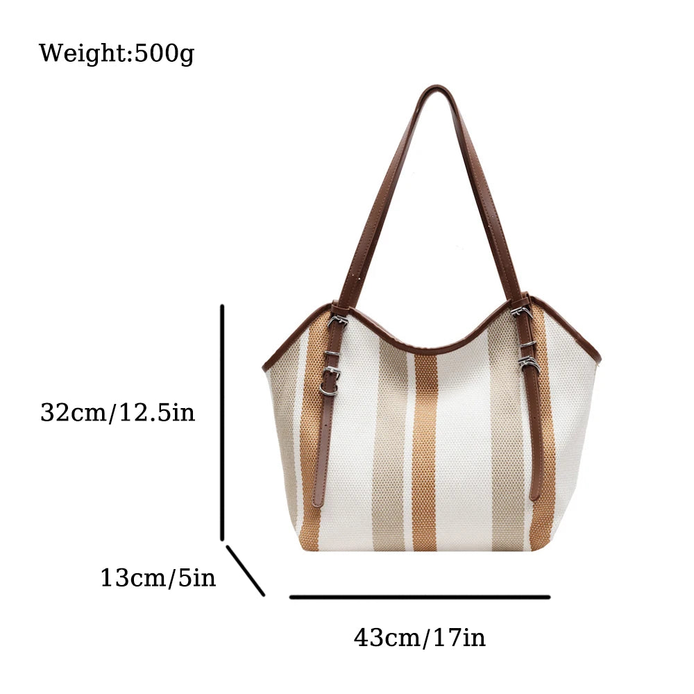 3306 Casual Women's All-Match Striped Canvas Handbag Large Capacity Lightweight Tote Bag Zip Fashionable Shoulder Bag Polyester
