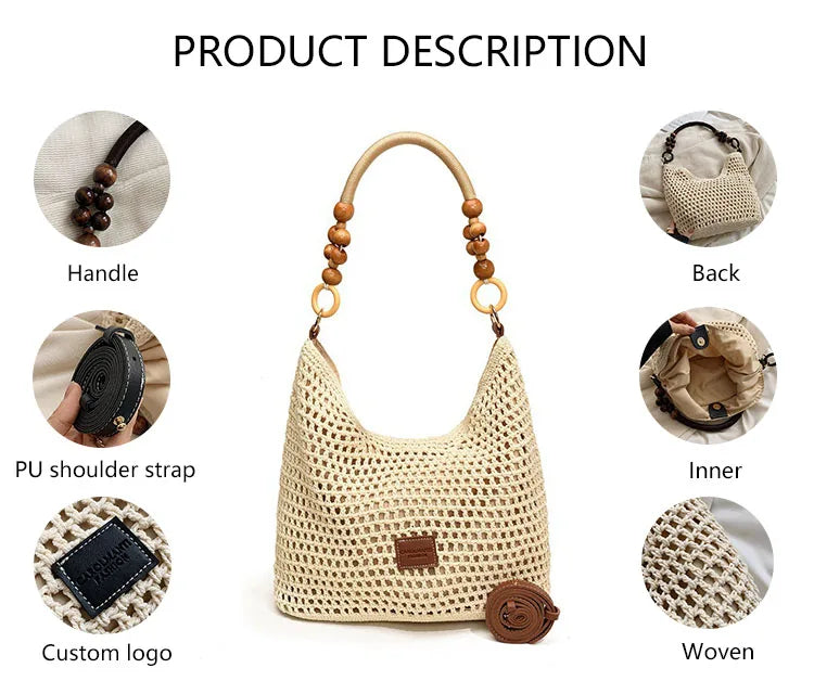 3312 H Premium Elegant Luxury Knotted Mesh Weave Pattern Cream Color Woven Rope Bucket Shoulder Bag for Daily Use Shopping Trip