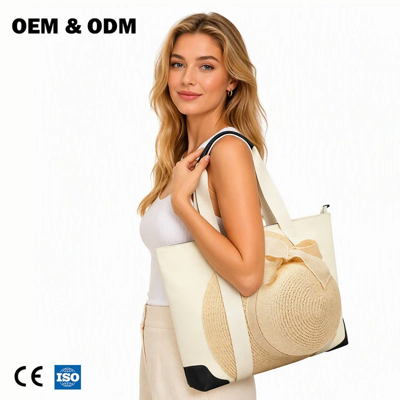 3315 H Premium Elegant Luxury Canvas Beach Tote Large Capacity Canvas Beach Tote Bag for Beach Vacation Summer Holiday Women