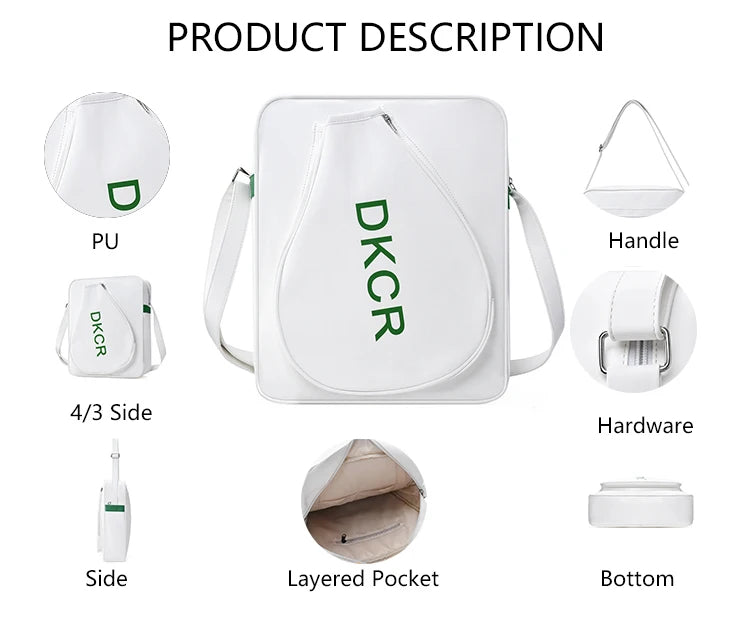 3326 L Stylish Tennis Element Racket Shaped White PU Sports Bag Letter Print Adjustable Strap Crossbody Outdoor for Sport Daily