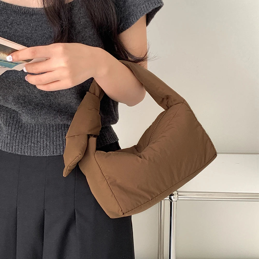 3362 I- Korean INS Style Autumn Winter Womens Nylon Quilted Soft Tote Handbag Small Box Bag with Knot Handle