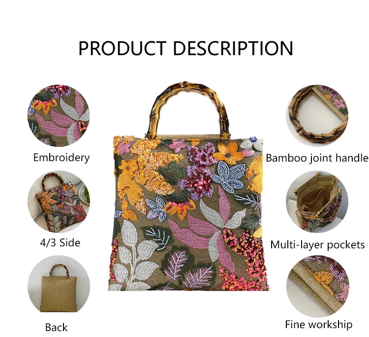 3367 I Premium Natural Linen Canvas Bamboo Joint Handle Embroidery Multi-Pocket Summer Beach Vacation Bamboo Handle Handbag
