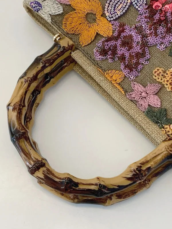 3367 I- Vintage Bamboo Handle Handbag for Women with Embroidery and Sequin Design Elegant Evening Party Bag