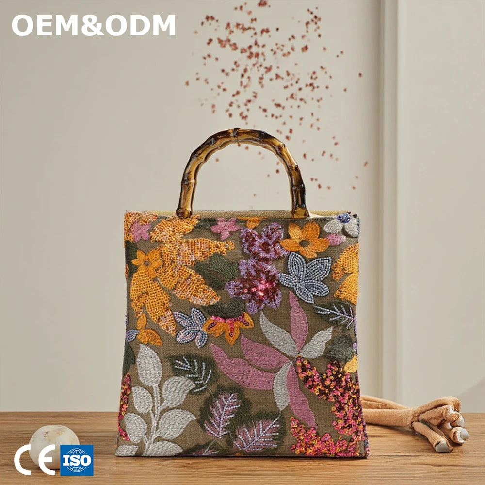 3367 I- Vintage Bamboo Handle Handbag for Women with Embroidery and Sequin Design Elegant Evening Party Bag