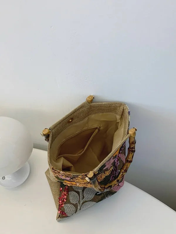 3367 I- Vintage Bamboo Handle Handbag for Women with Embroidery and Sequin Design Elegant Evening Party Bag