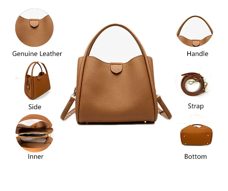 3375 J Women's Brown Genuine Leather Button Closure Top Handle Crossbody Tote Shoulder Bag Versatile Casual Textured Daily Use