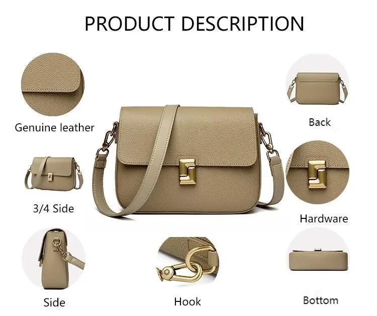 3407 K Women's Genuine Leather Classic Structured Lock Handbag Set Gold Hardware Crossbody Shoulder Bag Adjustable Strap