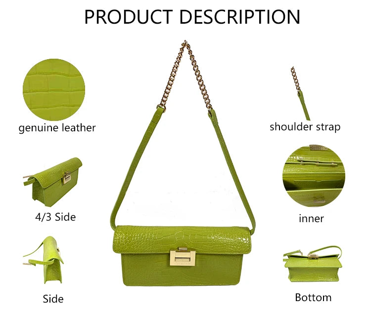 3413 K Women's Glossy Genuine Leather Crocodile Print One Side Bag Lock Embellished Metallic Chain Flap Underarm Commuter Bag