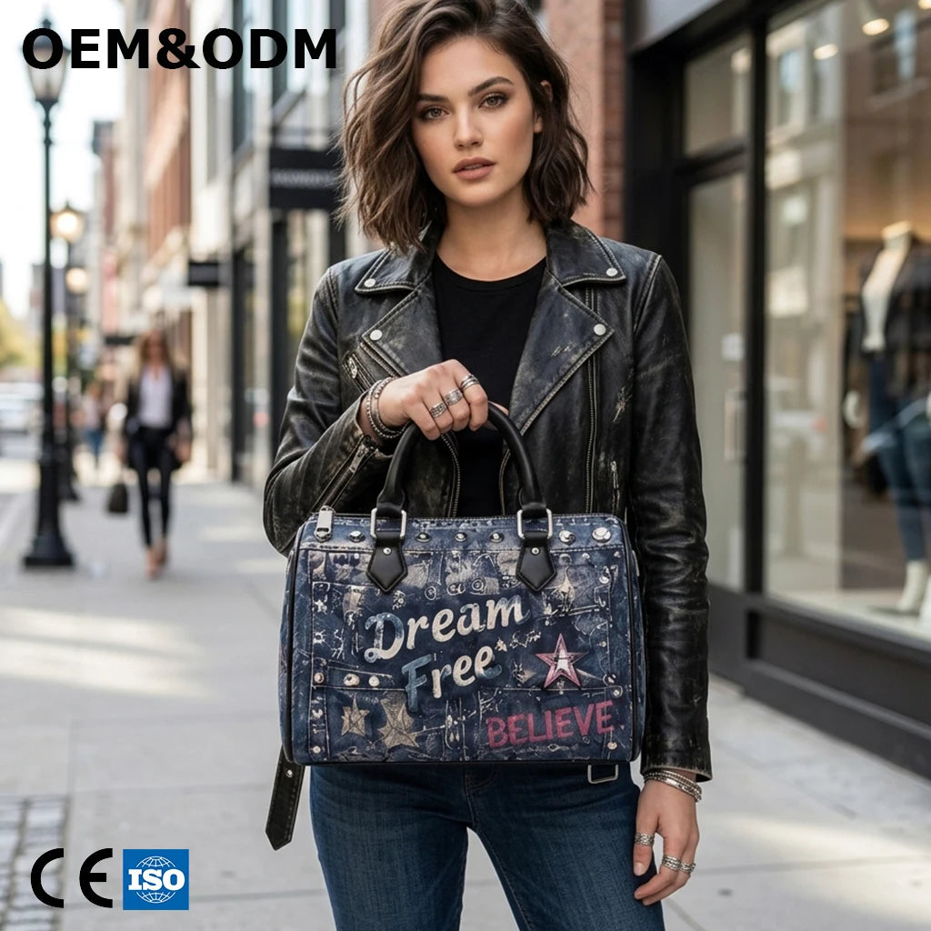 3434 F Premium Vintage Denim Graffiti Digital Printed Canvas Recycled PU Lining Double Handle Rivet Smart Streetwear Boston Bag