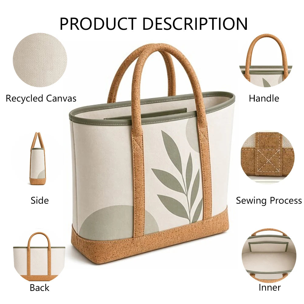 3451 H Eco Sustainable Ocean Canvas Tote Bag Women Recycled Canvas Cork Handle Handbag Sage Green Print Eco Large Beach Purse