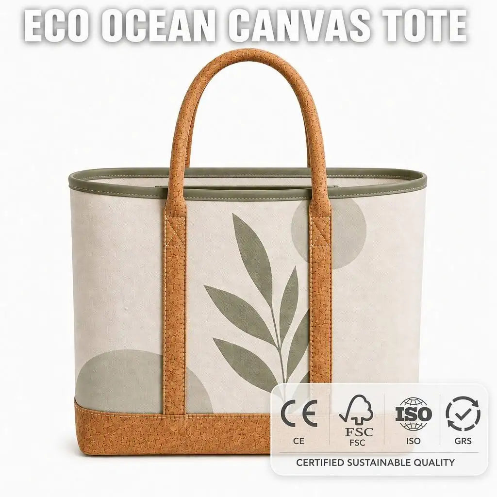 3451 H Eco Sustainable Ocean Canvas Tote Bag Women Recycled Canvas Cork Handle Handbag Sage Green Print Eco Large Beach Purse