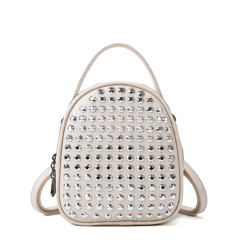 Angedanlia Fashion Black Diamond Zipper Multifunction Girls Shining Stud Full Zircon Rhinestone Leather Backpack Bag Women
