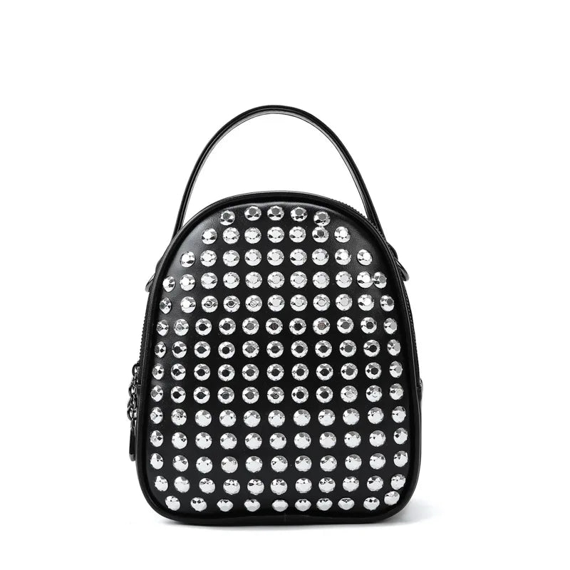 Angedanlia Fashion Black Diamond Zipper Multifunction Girls Shining Stud Full Zircon Rhinestone Leather Backpack Bag Women
