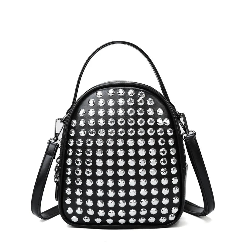 Angedanlia Fashion Black Diamond Zipper Multifunction Girls Shining Stud Full Zircon Rhinestone Leather Backpack Bag Women