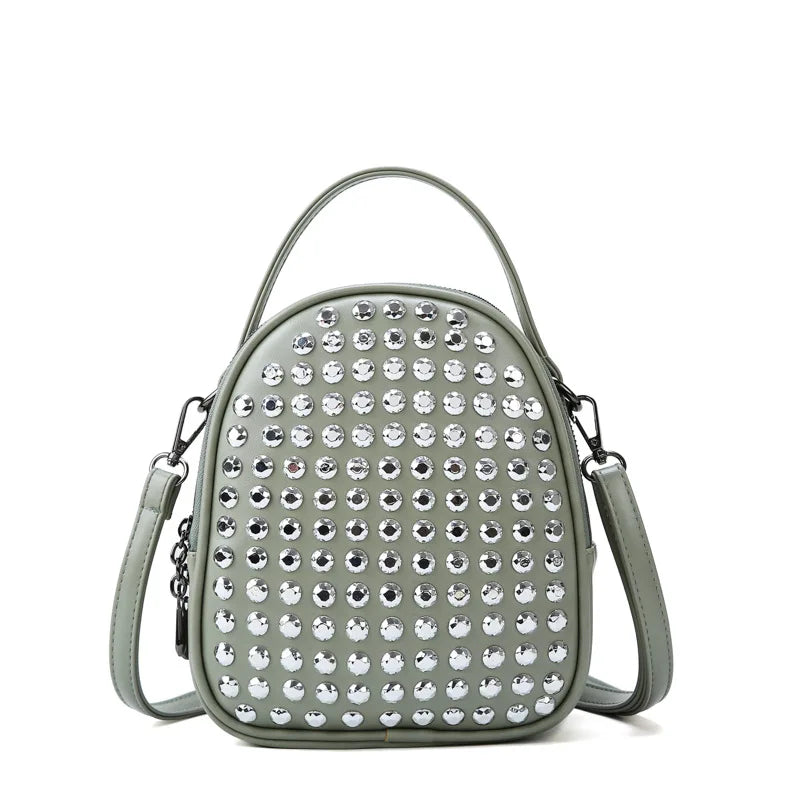 Angedanlia Fashion Black Diamond Zipper Multifunction Girls Shining Stud Full Zircon Rhinestone Leather Backpack Bag Women