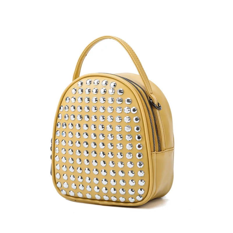 Angedanlia Fashion Black Diamond Zipper Multifunction Girls Shining Stud Full Zircon Rhinestone Leather Backpack Bag Women