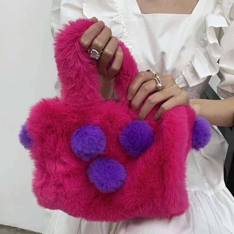 Autumn Winter Pop Hairy Ball Handbag Women Candy Color Creative Soft Hairy Hand Bag Fashion Keep Warm Furry Underarm Bag