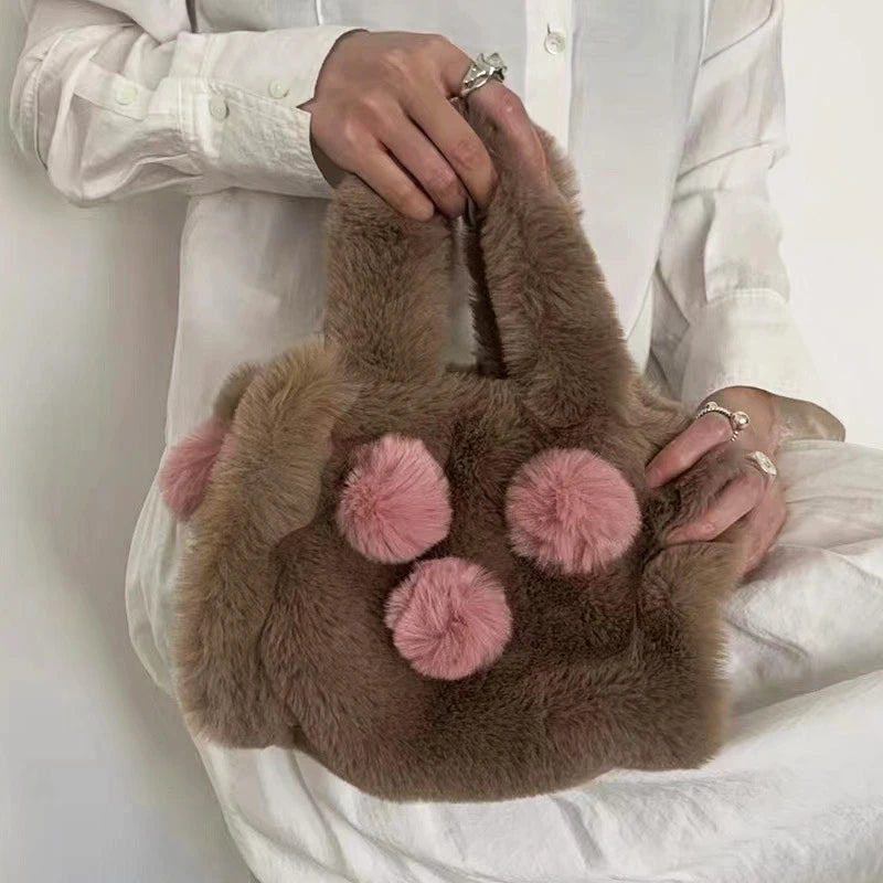 Autumn Winter Pop Hairy Ball Handbag Women Candy Color Creative Soft Hairy Hand Bag Fashion Keep Warm Furry Underarm Bag