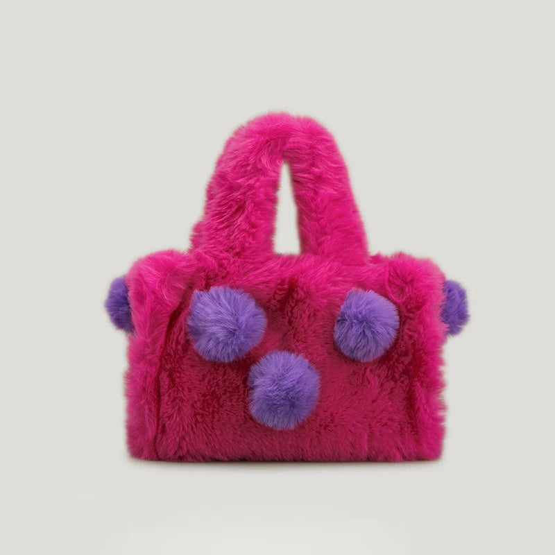 Autumn Winter Pop Hairy Ball Handbag Women Candy Color Creative Soft Hairy Hand Bag Fashion Keep Warm Furry Underarm Bag