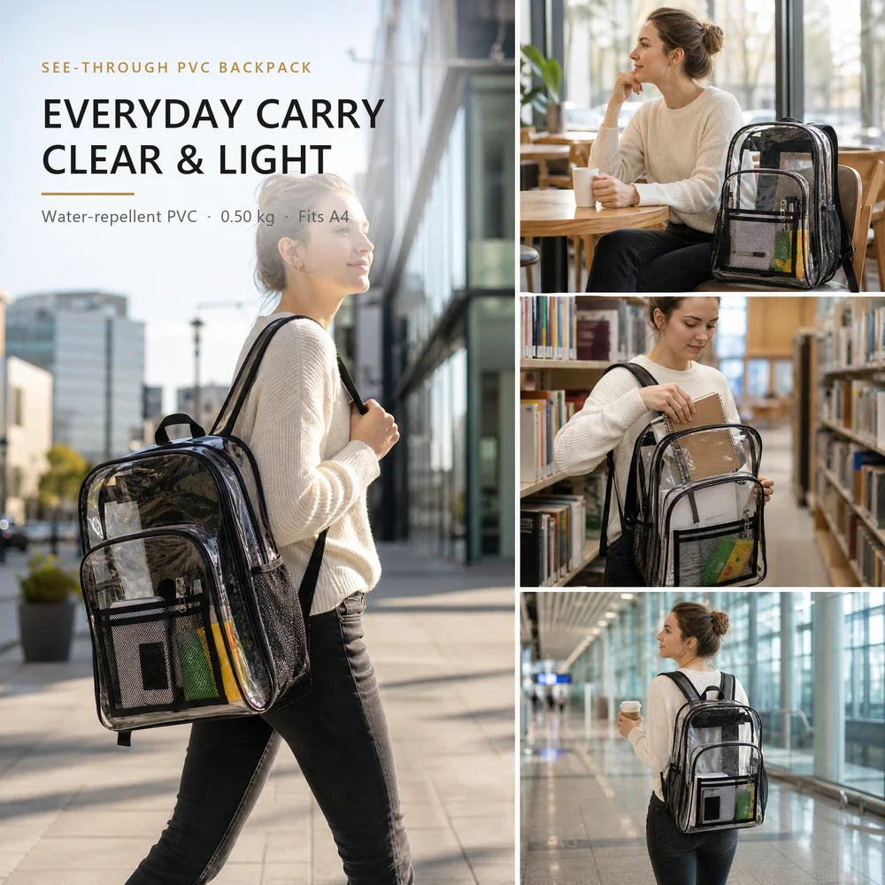 BSCI Factory Wholesale Custom Logo Bulk Order Backpack Daypack Bookbag in Clear PVC for Women Men School Work Travel Everyday
