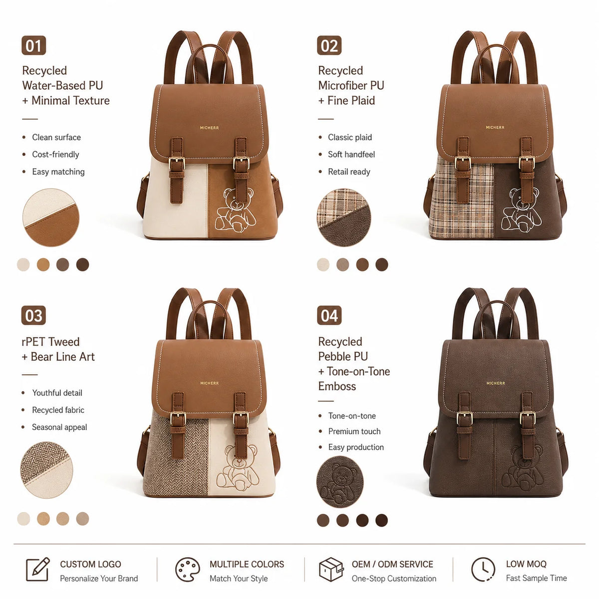 Backpack Series Custom Logo Cute Bear Embroidered Kids Backpack PU Leather School Bag OEM ODM Low MOQ Private Label