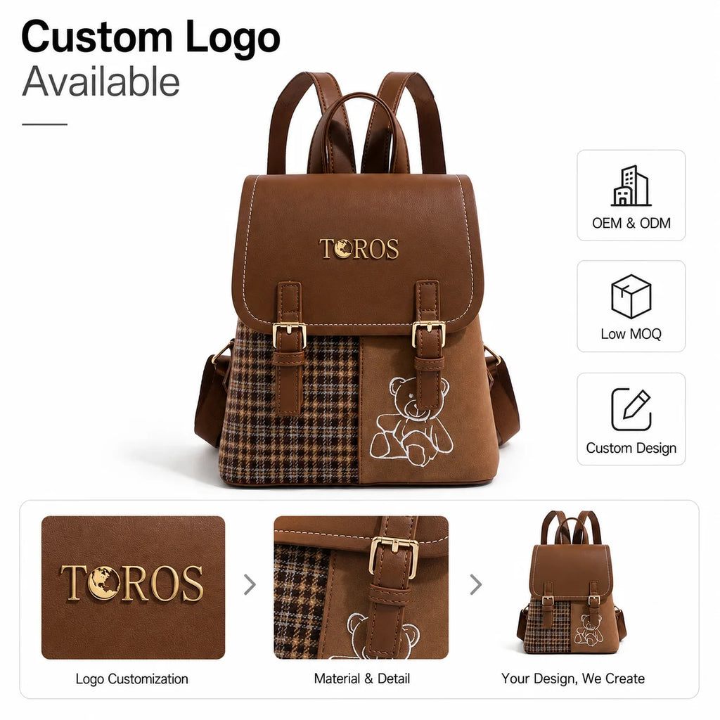 Backpack Series Custom Logo Cute Bear Embroidered Kids Backpack PU Leather School Bag OEM ODM Low MOQ Private Label