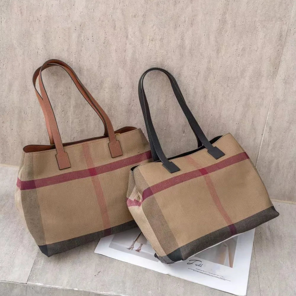 Best Selling Large Capacity Women's Shoulder Bags Tote Bags Casual Fashion Linen Material with Cowhide handbags for Women