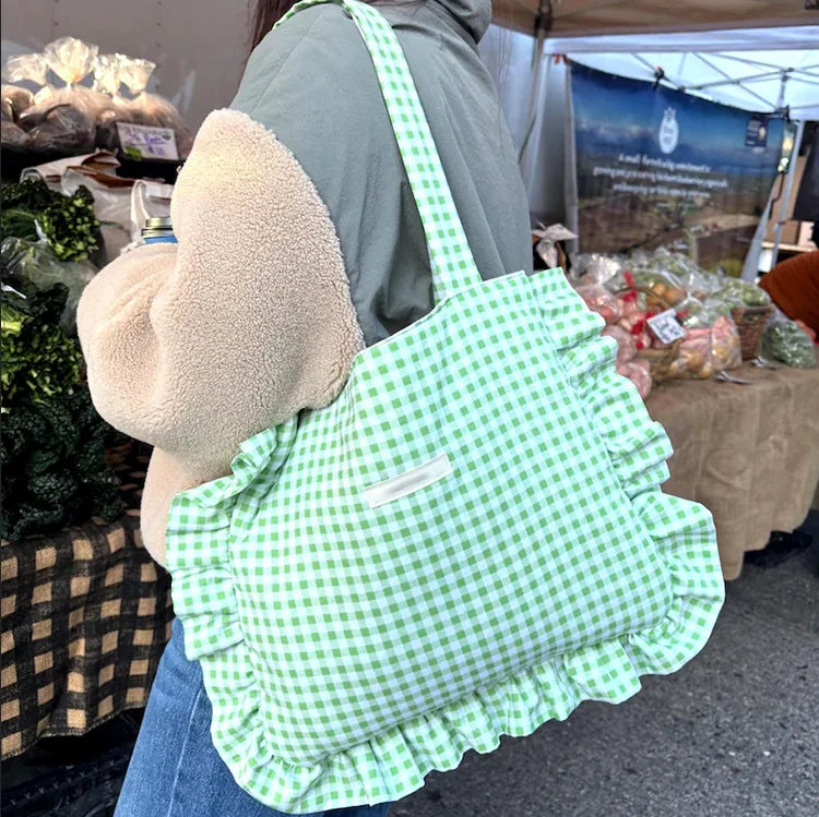 Candy Ruffle Ladies Tote Bag Handmade Summer Shoulder Personalized Quilted Beach Bag with Bow