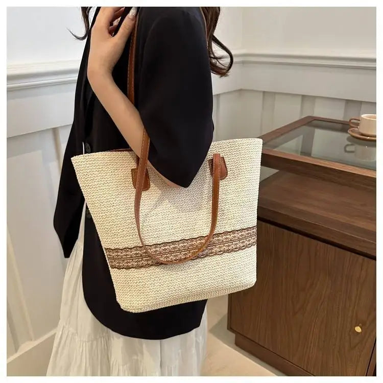 Casual Beach Tote Bag for Women Ladies Open Closure Straw Handbags Small Size Woven Shoulder Bag
