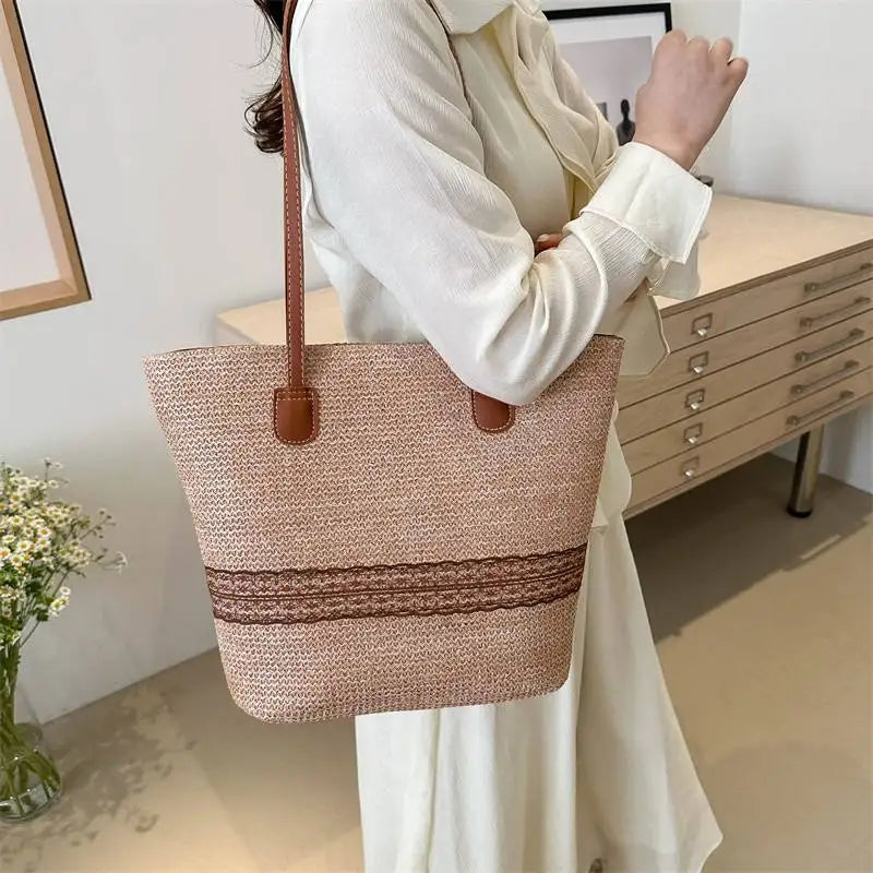 Casual Beach Tote Bag for Women Ladies Open Closure Straw Handbags Small Size Woven Shoulder Bag