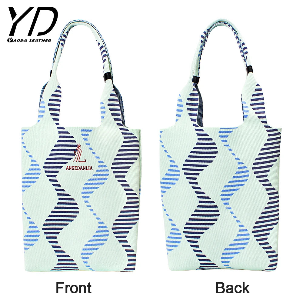 Chic Simple Contrast Color Knitted Checkerboard Shoulder Bag Women Woven Raffia Tote