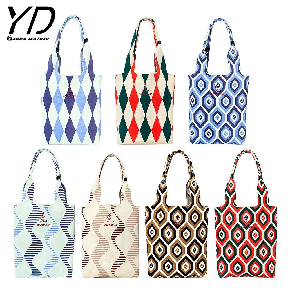Chic Simple Contrast Color Knitted Checkerboard Shoulder Bag Women Large Capacity Portable Tote Handbag