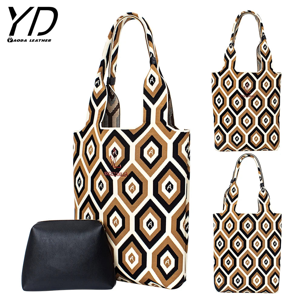 Chic Simple Contrast Color Knitted Checkerboard Shoulder Bag Women Woven Raffia Tote