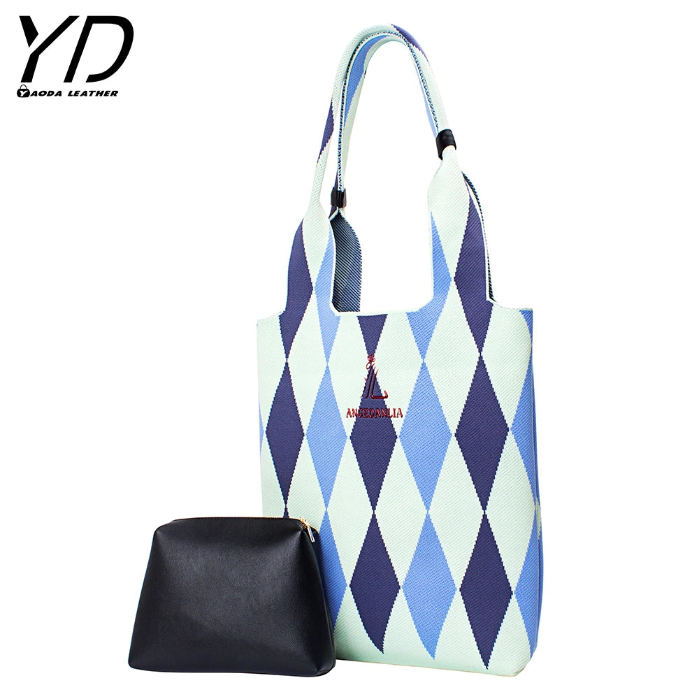 Chic Simple Contrast Color Knitted Checkerboard Shoulder Bag Women Large Capacity Portable Tote Handbag