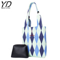 Chic Simple Contrast Color Knitted Checkerboard Shoulder Bag Women Large Capacity Portable Tote Handbag