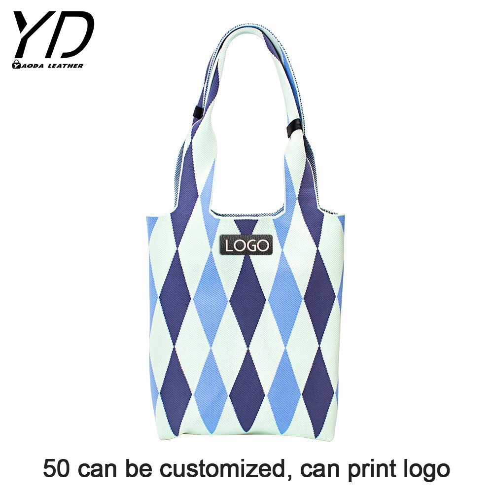 Chic Simple Contrast Color Knitted Checkerboard Shoulder Bag Women Large Capacity Portable Tote Handbag