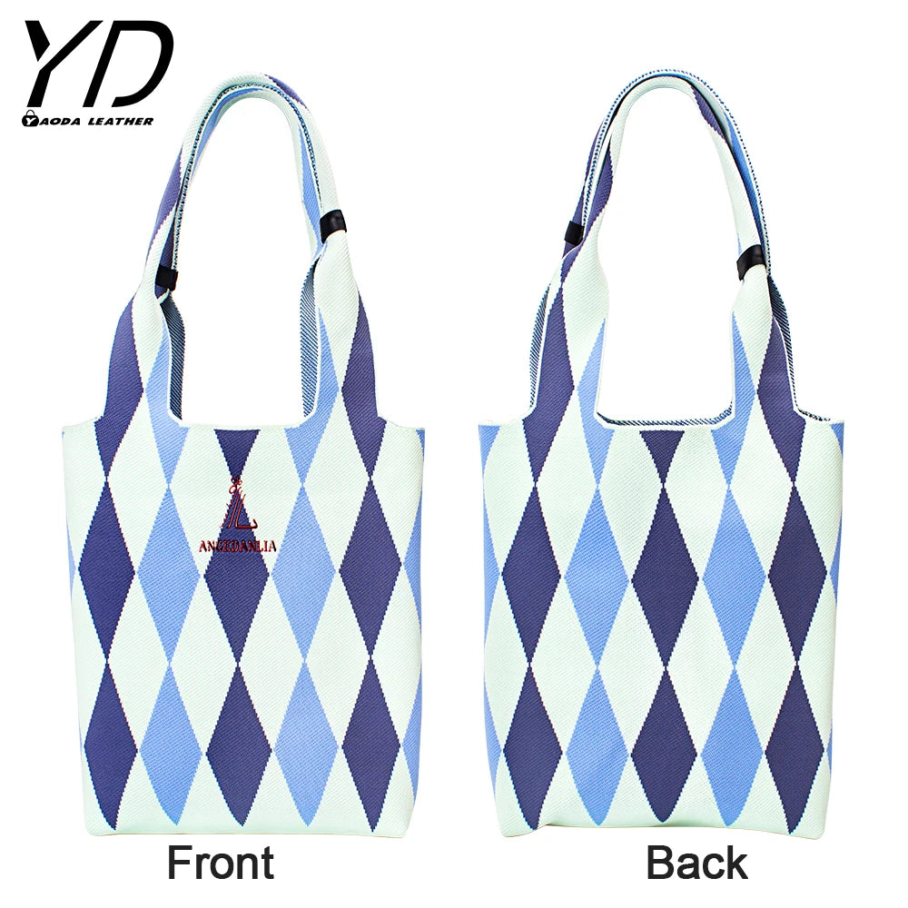 Chic Simple Contrast Color Knitted Checkerboard Shoulder Bag Women Large Capacity Portable Tote Handbag