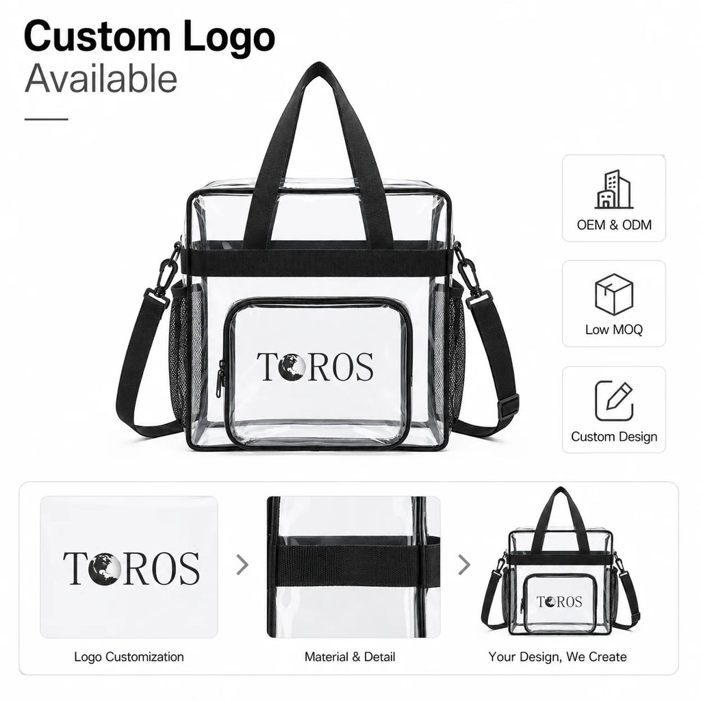 Clear PVC Tote Bag Stadium-Compliant Zipper Closure Medium Shoulder Handbag Multi-Color Custom Logo OEM/ODM Low MOQ