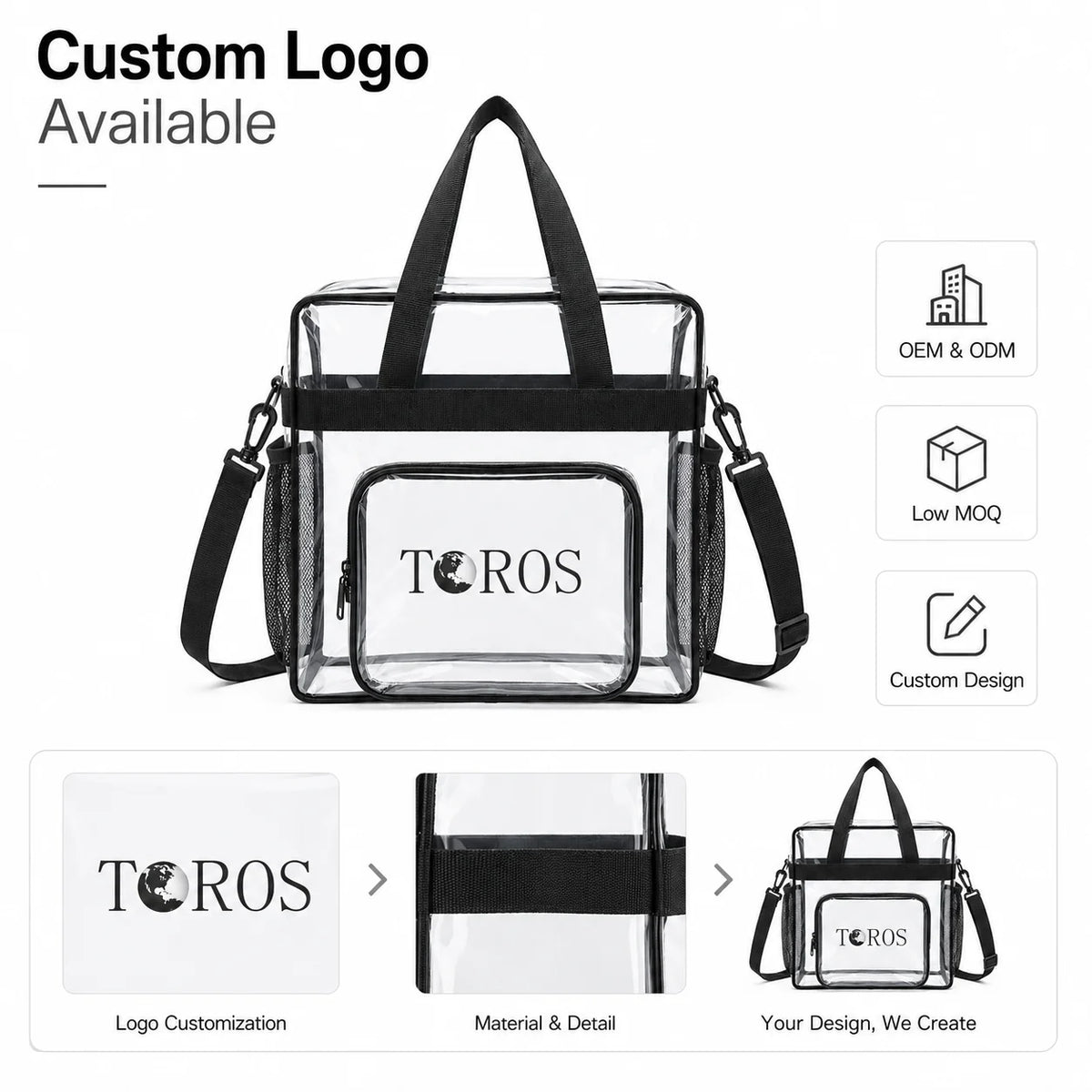 Clear PVC Tote Bag Stadium-Compliant Zipper Closure Medium Shoulder Handbag Multi-Color Custom Logo OEM/ODM Low MOQ