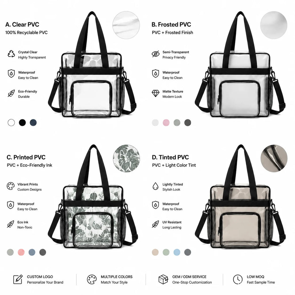 Clear PVC Tote Bag Stadium-Compliant Zipper Closure Medium Shoulder Handbag Multi-Color Custom Logo OEM/ODM Low MOQ
