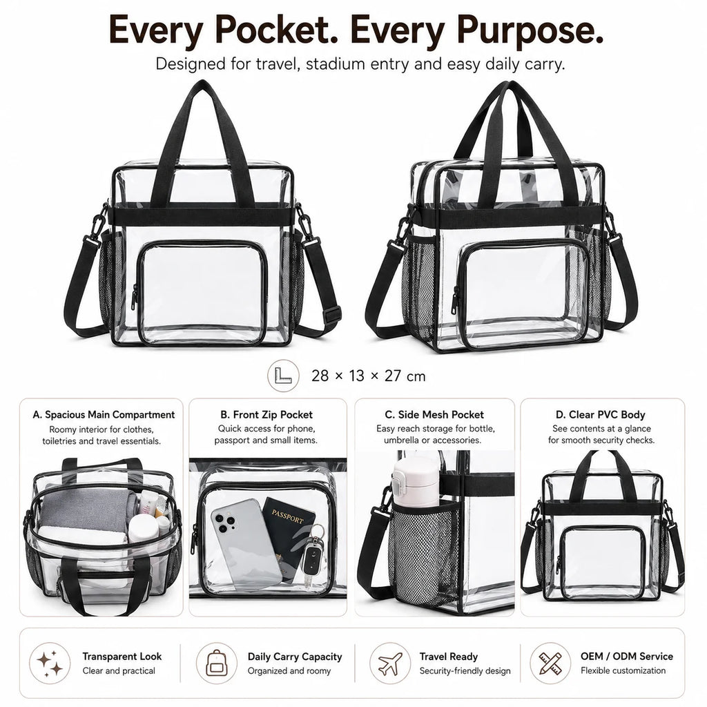 Clear PVC Tote Bag Stadium-Compliant Zipper Closure Medium Shoulder Handbag Multi-Color Custom Logo OEM/ODM Low MOQ