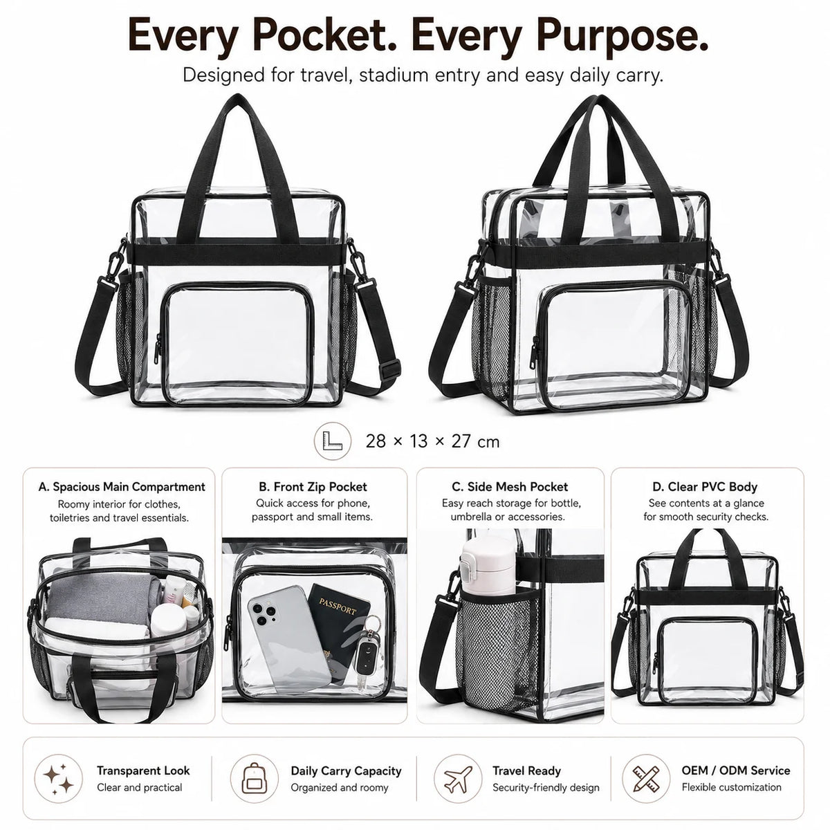 Clear PVC Tote Bag Stadium-Compliant Zipper Closure Medium Shoulder Handbag Multi-Color Custom Logo OEM/ODM Low MOQ