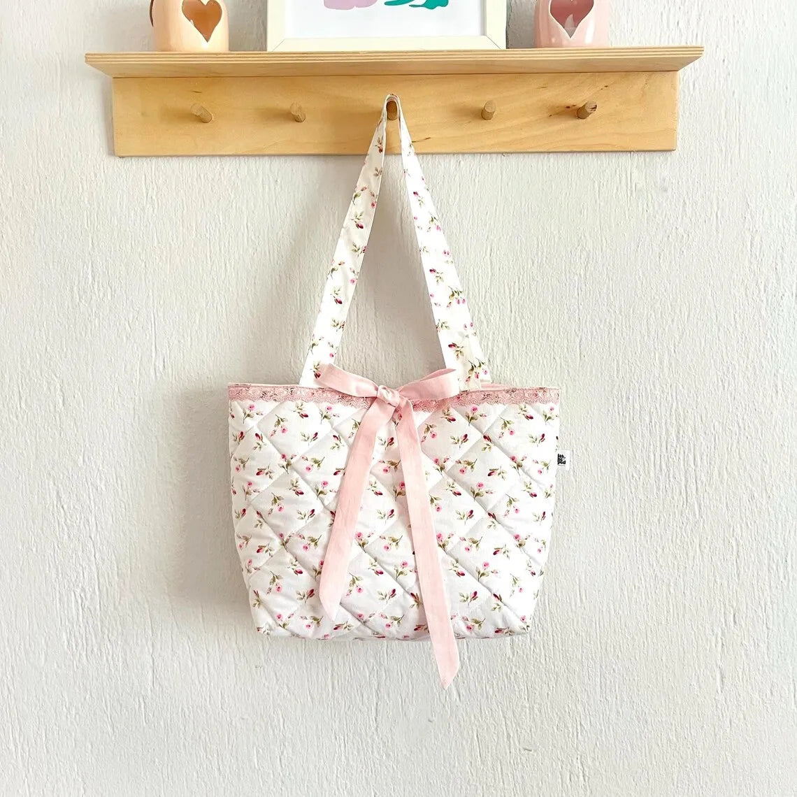 Coquette Bow Tote Bag Valentine's Day Gift Medium Quilted Shoulder Bag with Lace